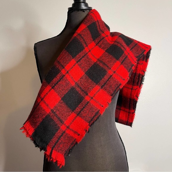 Black Red Plaid Tartan Oversized Scarf Wrap Throw Fringe Soft Blanket Cozy Fall - Picture 10 of 14